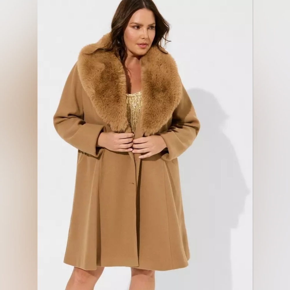 Torrid Camel Mid Length Faux Fur Fit And Flare Coat Size 5X NWT - Picture 3 of 6